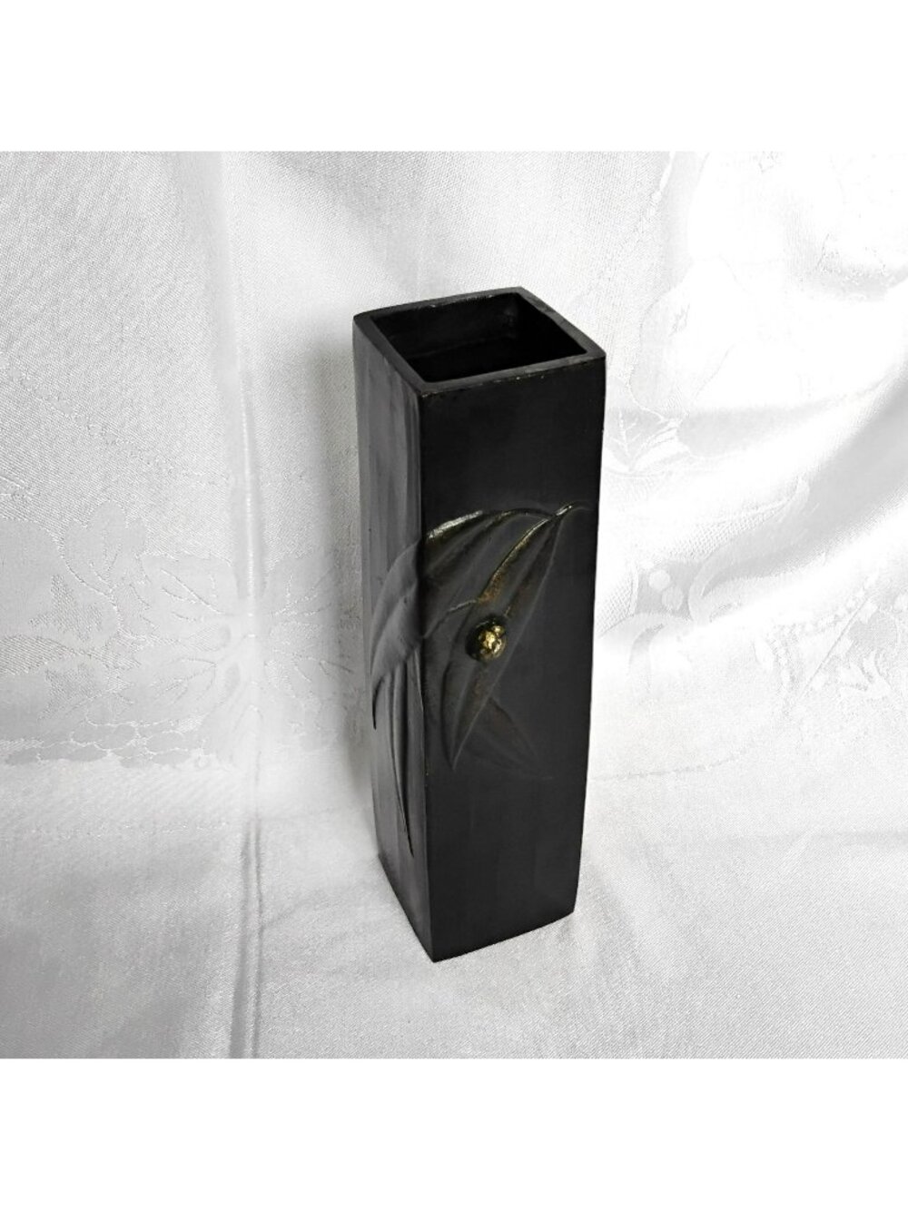 Vintage Japanese Ikebana Vase - MCM Faux Bronze Cast Metal Bamboo Pillar 9"